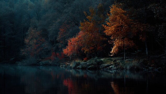 Serene Autumn Forest Reflected in Calm Lake at Dusk.