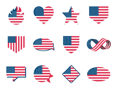 USA Flag Vector Elements Set with Shield, Flame, and Speech Bubble Shapes