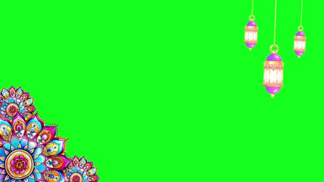 Gently moving mandala motif ornaments and minimalist hanging lights against a green screen background.