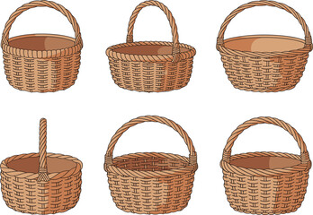 Obraz premium Woven Basket Vector Collection with Handled and Open-Top Baskets for Market Home Storage and Craft Illustrations