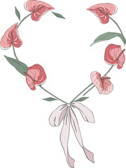 Obraz premium Red Anthurium with heart frame and bow