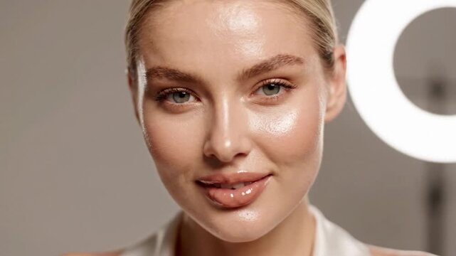 Young caucasian woman with glowing skin smiling in a studio close-up with a ring light.