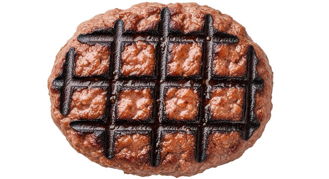 Juicy grilled beef burger patty with dark char marks on a transparent background