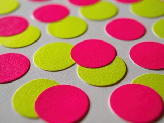 Vibrant Neon Pink and Yellow Confetti Circles Scattered on White Surface.