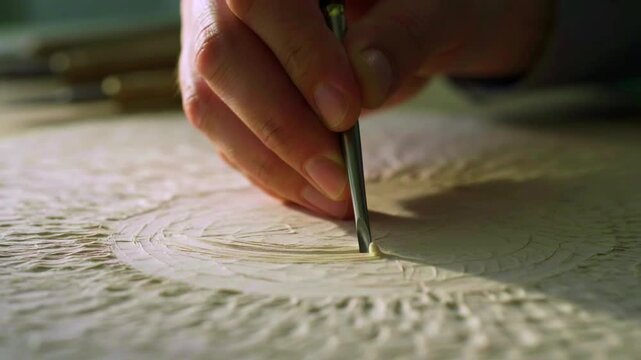 Detailed close up shot showing an artisan s hand expertly manipulating delicate metal tools to create intricate patterns on rustic textured paper surface