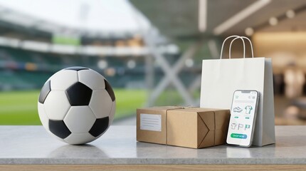 Online Sports Equipment Shopping App on Smartphone with Delivery Box and Soccer Ball