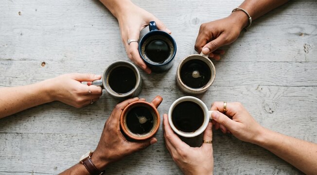 Overhead shot of diverse hands holding coffee cups in a circular composition, symbolizing teamwork, community and connection, neutral background with copy space, soft diffused lighting