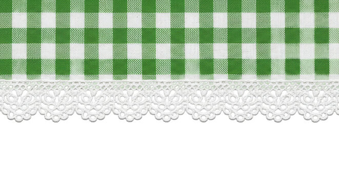 Green gingham checkered fabric border with white lace trim on a transparent background