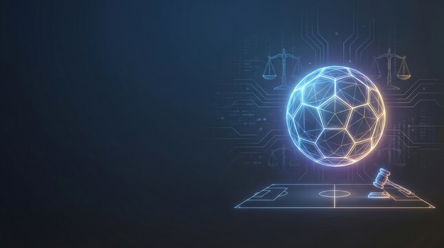 Digital Sports Law Concept with Glowing Soccer Ball and Gavel on Field