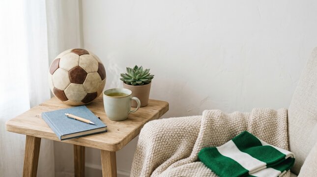 Soccer fan's cozy morning journaling session with vintage ball and tea on wooden table