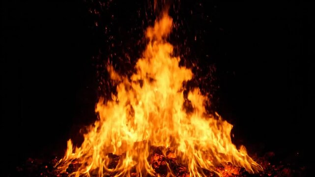 Bright Burning Flames of Campfire at Night with Ascending Sparks and Embers on Black Background