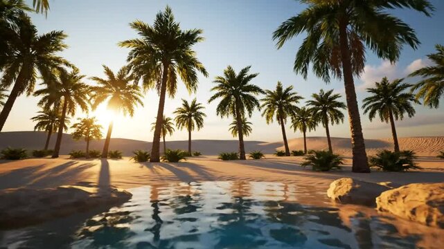 Tranquil Oasis Scene with Palm Trees, Sun, and Calm Water in Desert Setting, Scenic Landscape