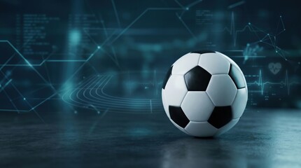 Naklejka premium Soccer Ball with Digital Sports Analytics Data Visualization Background