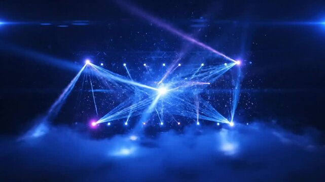 Energetic stage lighting and dynamic beams create an immersive music concert or performance ambiance