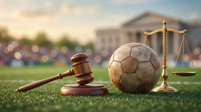 Sports Law Concept with Gavel and Soccer Ball on Grass Field