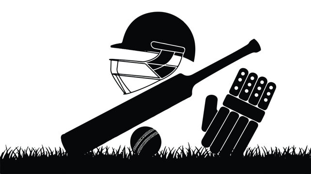 Cricket player wearing helmet holds bat near gloves on grass