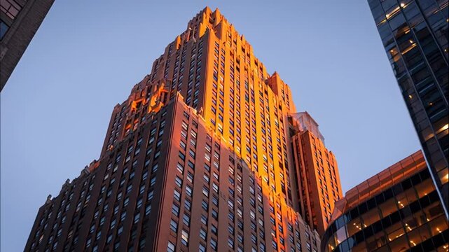 Art Deco Skyscraper Facade Glowing in Warm Sunset Ligh