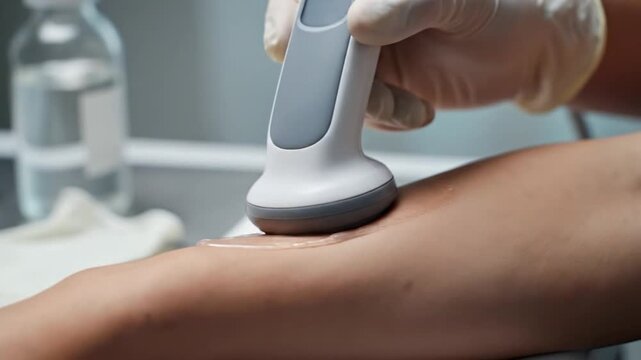 Close-Up Of A Medical Professional Utilizing An Ultrasound Device On A Patient's Arm In A Clinical Setting