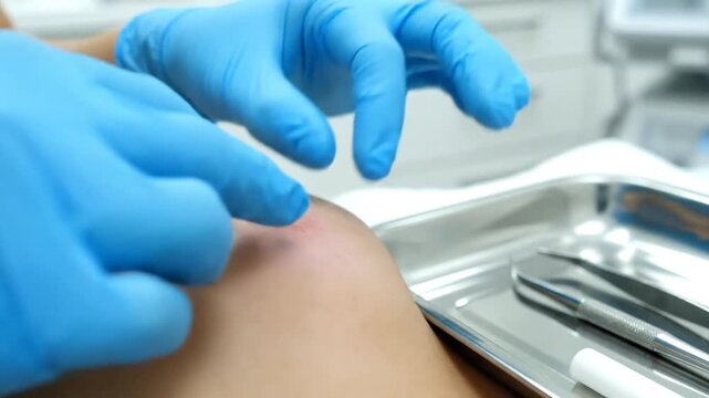 Close-Up Of A Healthcare Professional Performing A Skin Procedure With Blue Gloves In A Clinical Environment