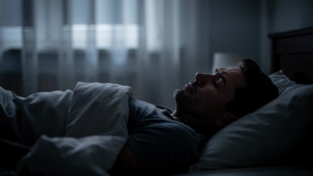 Anxious man lying awake in bed at night staring at the ceiling struggling with insomnia and stress