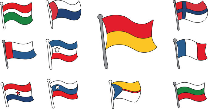 Collection of colorful flags vector illustration featuring different nations and designs on silver poles swaying in the wind isolated on white background