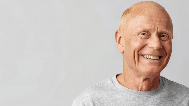 Smiling Senior: A portrait of a contented senior citizen. His radiant smile reveals a life well-lived, a testament to the joy of aging, against a muted background.