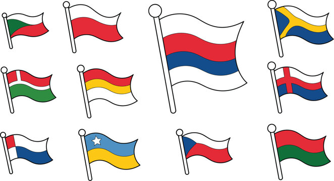 Collection of colorful flags vector illustration featuring different nations and designs on silver poles swaying in the wind isolated on white background