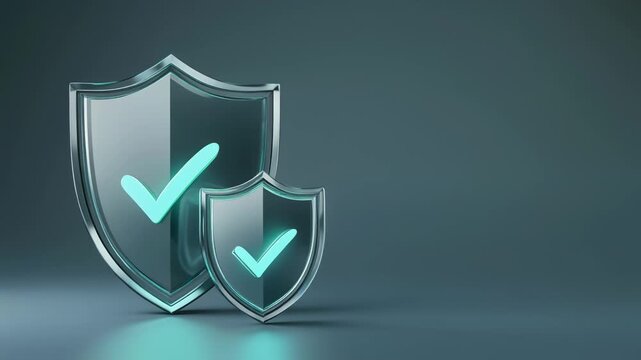 ガラス調の盾とチェックマークが信頼性を示す安心セキュリティ概念