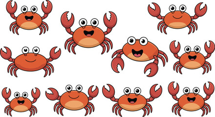 Cute cartoon crab icon set featuring diverse facial expressions including happy winking and laughing characters for marine animal and kids design © MstMaya