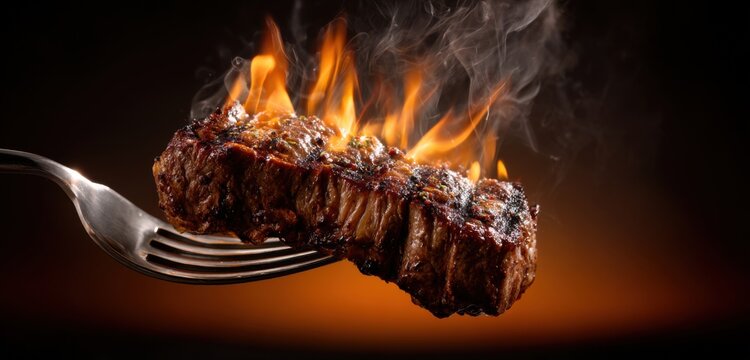A succulent steak engulfed in flames, impaled on a fork, presented dramatically against a dark background.
