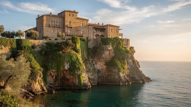 Grand stone villa perched on lush green cliff overlooking calm ocean with beautiful coastal landscape