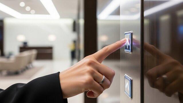 pressing elevator button in modern office building, Female hand presses illuminated elevator button in modern interior. Close up view with blurred office background. Clean design and soft light