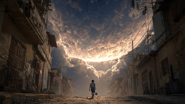 Lone figure in a desolate street under an apocalyptic sky. Illustrates disaster, postapocalypse, loneliness, resilience, and hope in adversity.