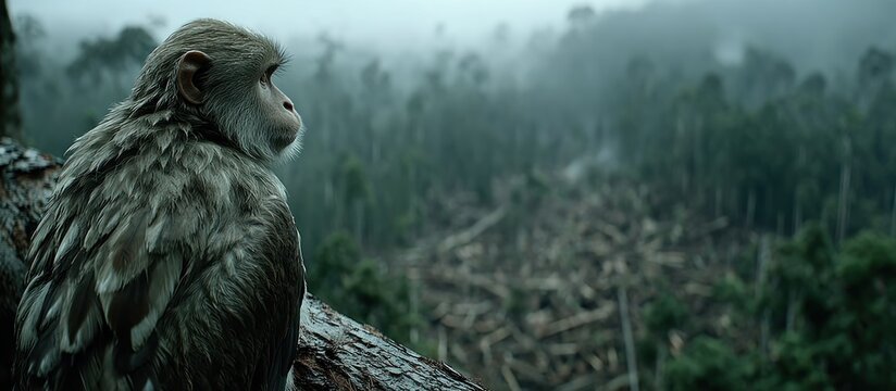 Monkey overlooks forest destruction, a sad view on a misty day