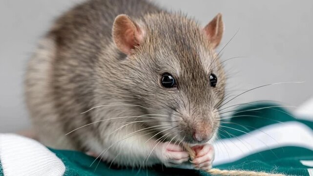 A cute domestic rat sitting on a striped garment, holding a piece of twine gently in its front paws while nibbling on it with tiny teeth.