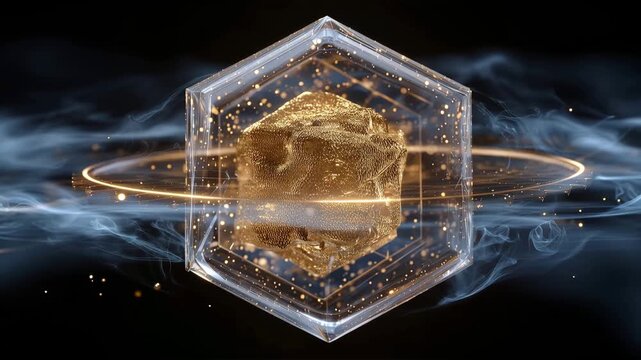 Futuristic golden energy cube core with transparent hexagonal glass protection. Blockchain digital asset concept background with glowing light ring and dynamic smoke motion for crypto technology and c