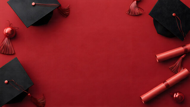 Vibrant red background adorned with classic graduation caps and rolled diplomas, symbolizing academic achievement, future aspirations, and the celebration of success in higher education