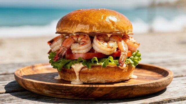 Juicy shrimp sandwich with fresh lettuce and tomato on wooden plate delicious seafood meal