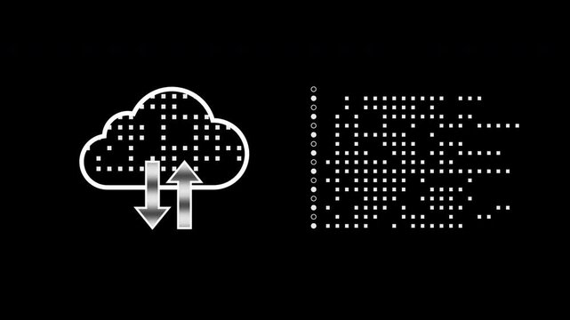 Cloud data flow icon with upload and download transfer arrows. Digital information stream inside data storage, typing code streams, cloud computing technology symbols, information exchange. loopable