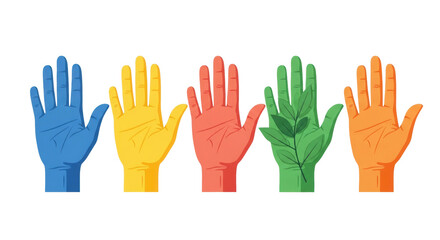 Obraz premium Five diverse human hands in distinct vibrant colors, palms open in a welcoming gesture on a transparent background, symbolizing global unity and collaboration concept