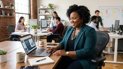 Obraz premium Confident businesswoman working on laptop in modern open office with diverse team collaborating in background. Professional workspace with charts, notes and creative environment atmosphere