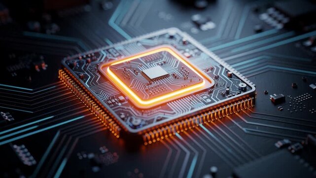 Glowing futuristic microchip close up highlighting intricate circuits and advanced technology components