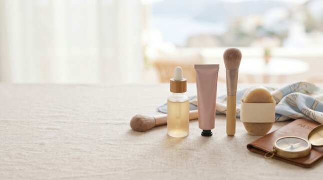 Travel Skincare Essentials and Makeup Tools on Linen Background for Vacation Beauty Routine