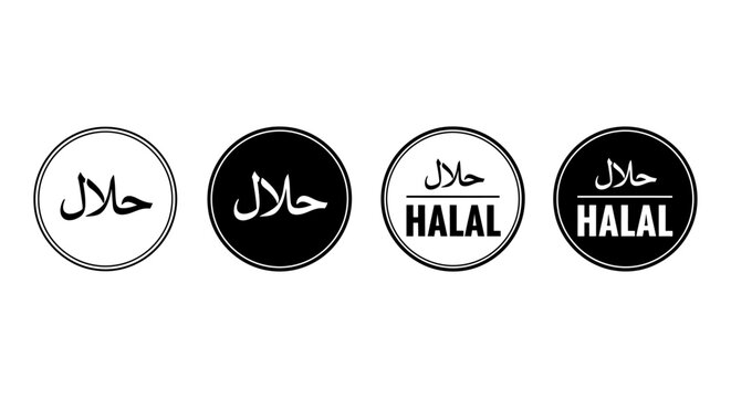 halal certification food label vector icons with arabic and english text symbolizing muslim dietary standards and islamic compliance.
