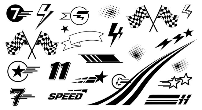 collection of black and white racing decals and elements for sports design