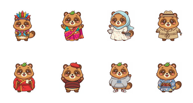 Deformed Series: Tanuki Illustration featuring cute raccoon dog characters in various global ethnic costumes, Generative AI.
デフォルメシリーズ：タヌキイラスト。世界各国の様々な民族衣装を着た可愛いタヌキのキャラクターセット、AI生成。