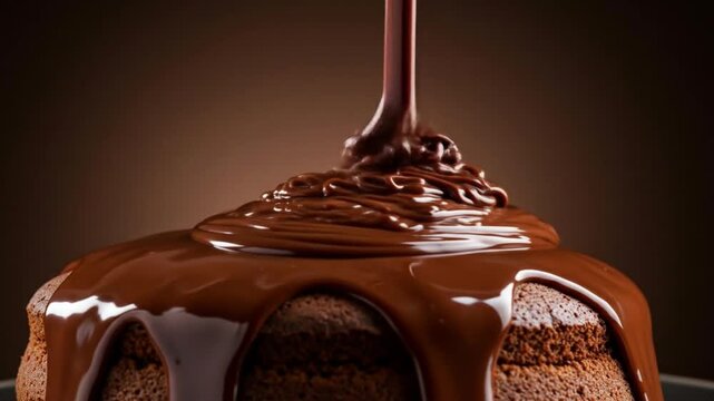 Chocolate cake with melted chocolate pouring on top glossy and decadent
