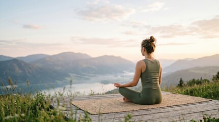 Fototapeta premium Young Woman Meditating in Lotus Pose on Mountain Platform at Sunrise