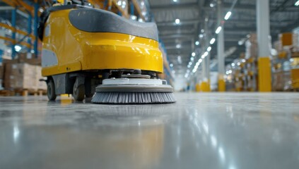 Fototapeta premium Industrial Floor Cleaning Machine Polishing Warehouse Floor.