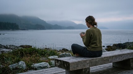Fototapeta premium Young woman sitting on wooden bench drinking coffee by misty ocean shore